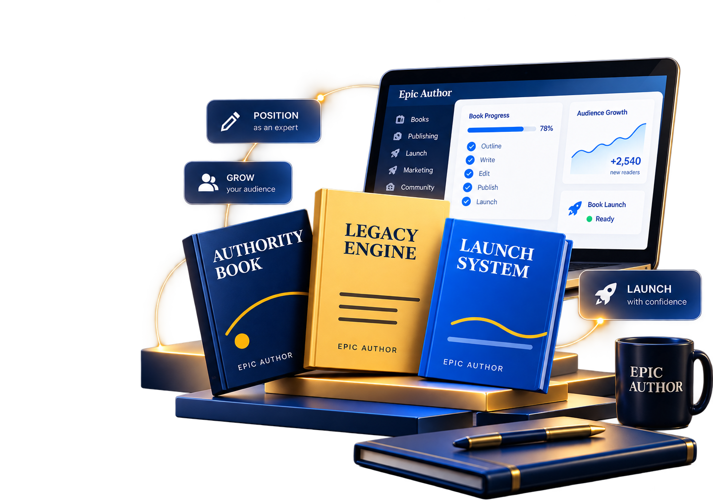 Epic Author platform with authority books, launch system, audience growth dashboard, and publishing tools